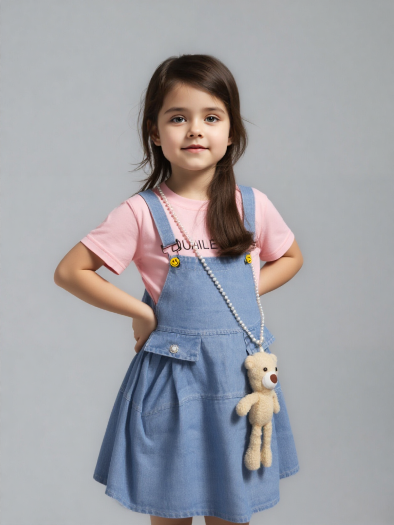 jeans romper with pink t shirt & hanging bear (imported) jeans romper with pink t shirt & hanging bear (imported)