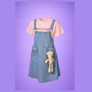 jeans romper with pink t shirt & hanging bear (imported)