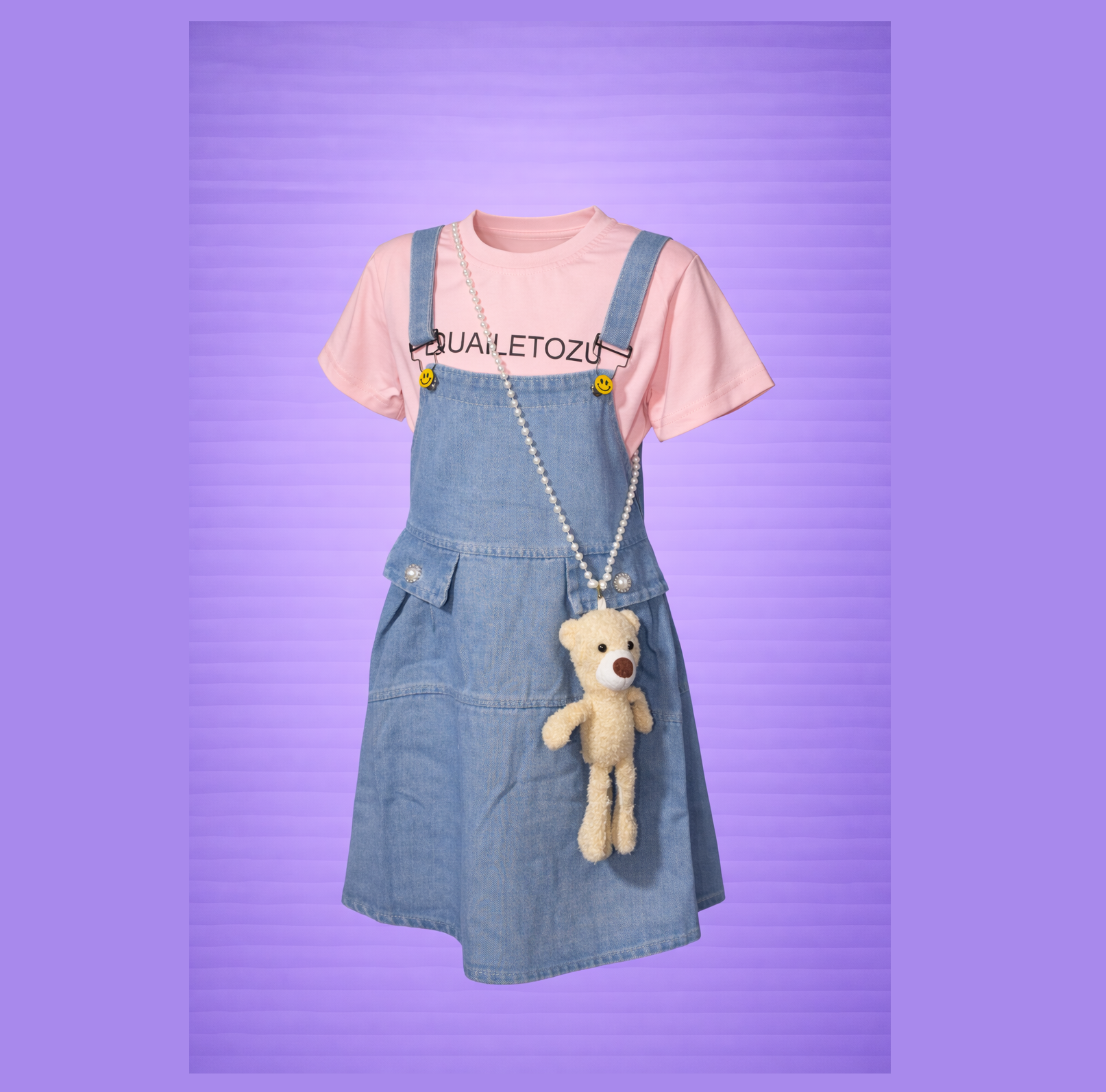 jeans romper with pink t shirt & hanging bear (imported) jeans romper with pink t shirt & hanging bear (imported)