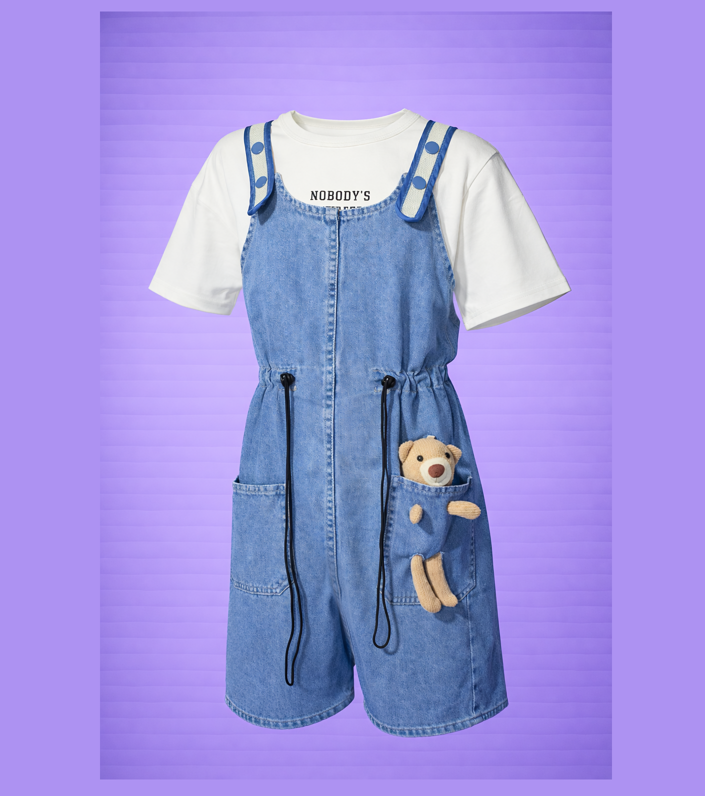 jean romper with white t shirt & bear (imported) jean romper with white t shirt & bear (imported)